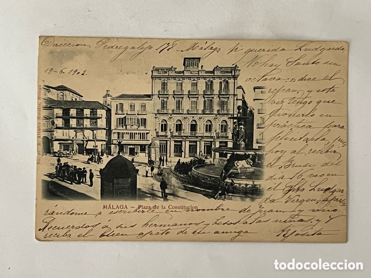 Postales: M&Aacute;LAGA. Postal antigua Plaza de la Constituci&oacute;n. Edic. R, Alvarez Morales. Circulada (a.1902)