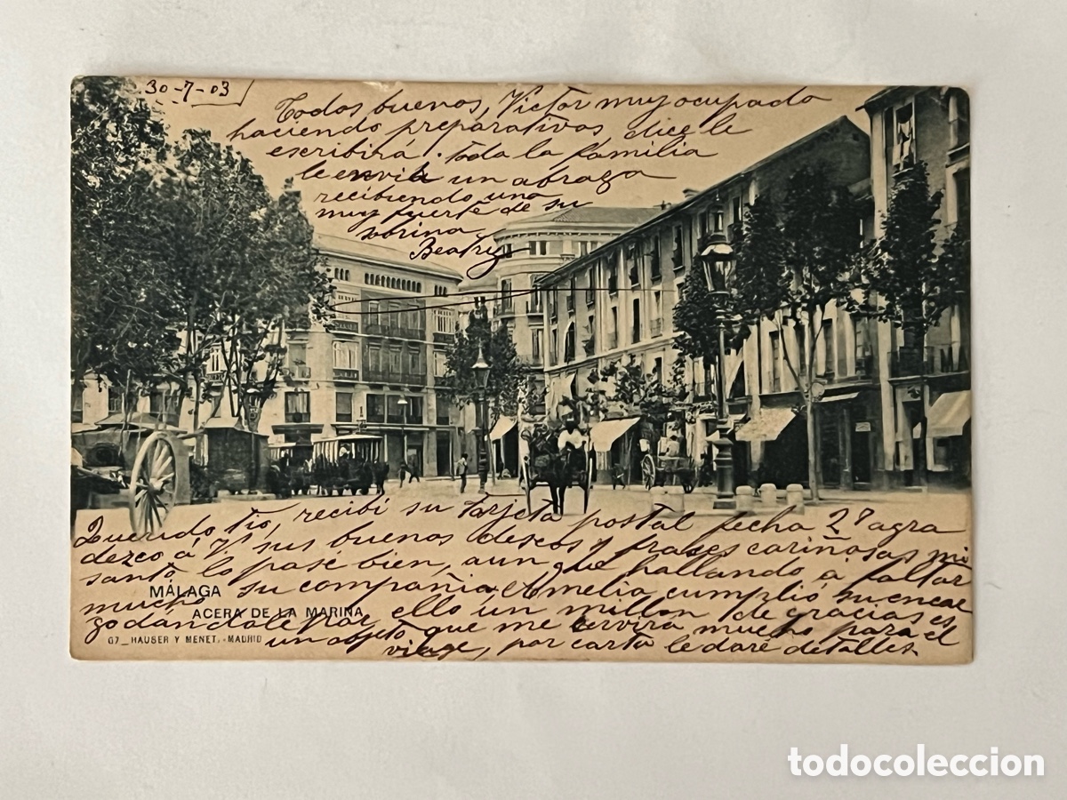 Postales: M&Aacute;LAGA. Postal antigua Acera de la Marina. No.7, Hauser y Menet. Circulada a Francia (a.1903)