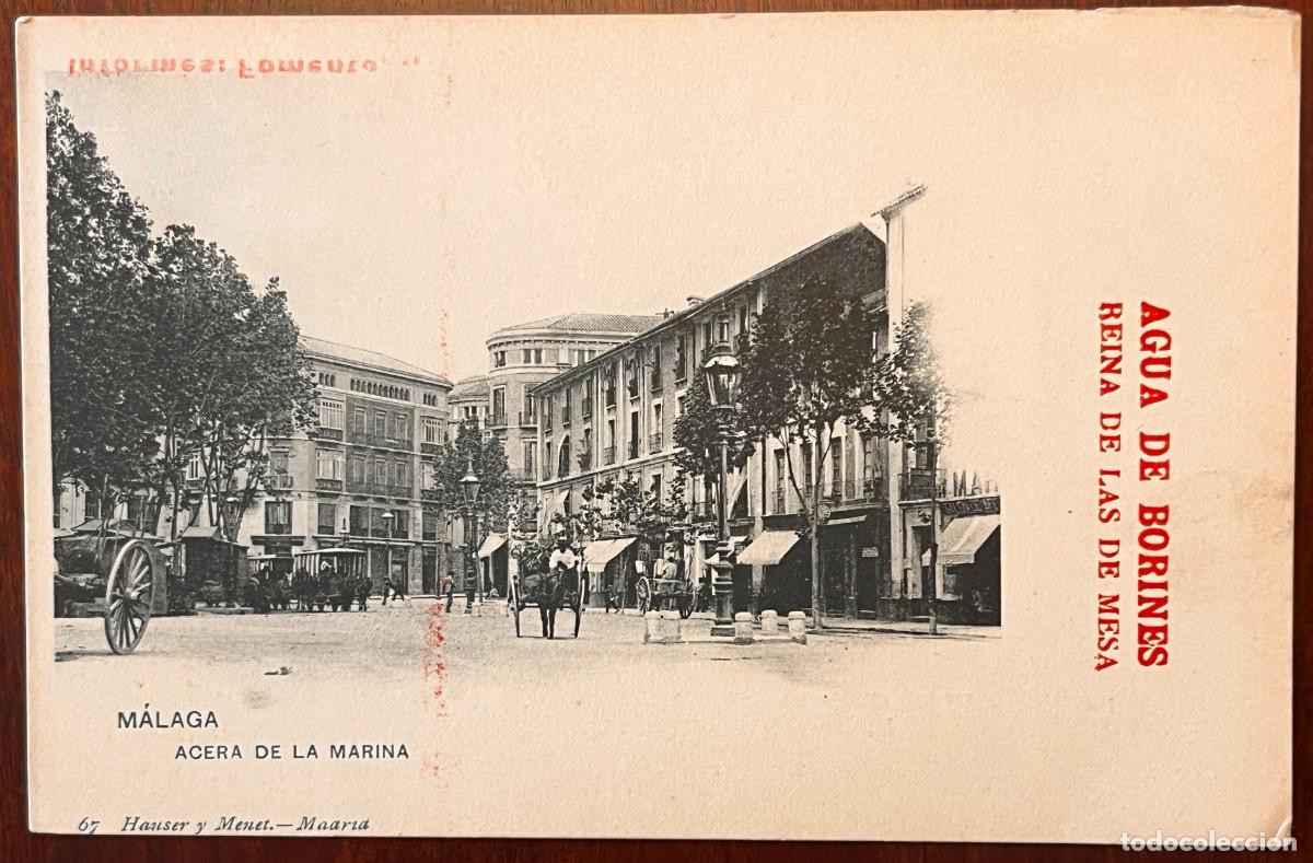 Postales: M&Aacute;LAGA. Acera de la Marina. No.7, Hauser y Menet. Con publicidad dee Agua de Borines, sin circular y