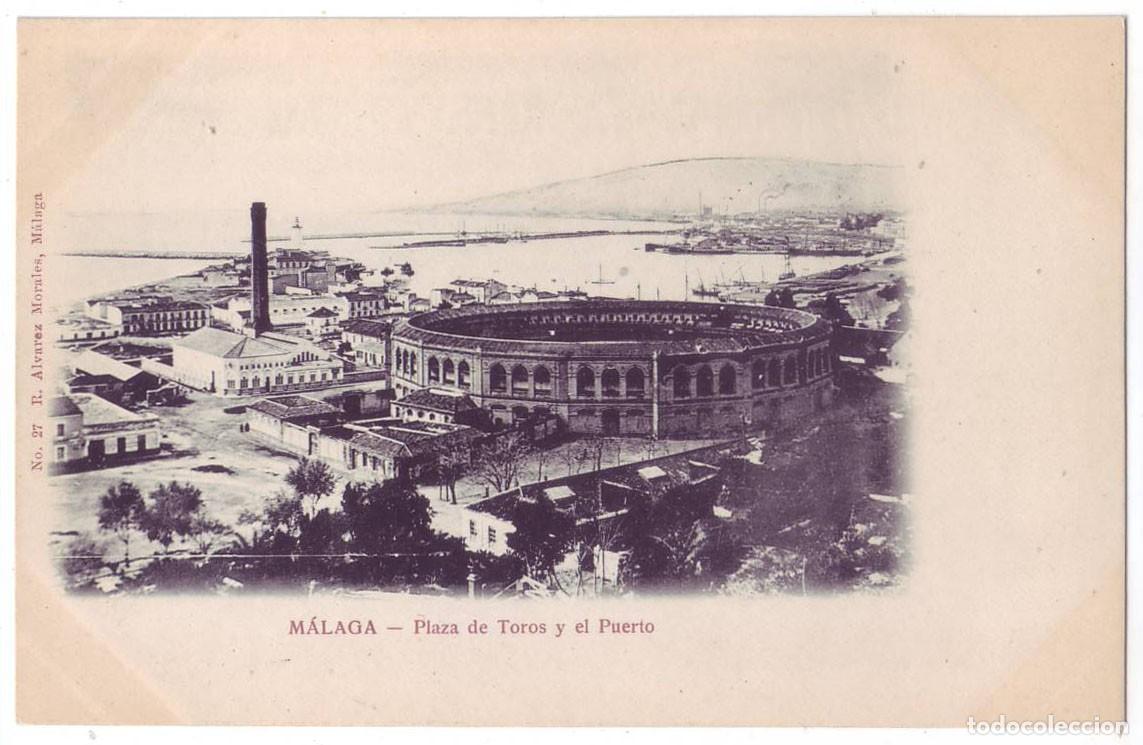 Postales: M&aacute;laga: Plaza de Toros y el Puerto. R. &Aacute;lvarez Morales. Sin dividir. No circulada (Anterior a 1905)