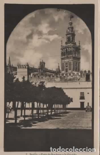 Postales: SEVILLA ESCRITA PATIO DE BANDERAS Y GIRALDA