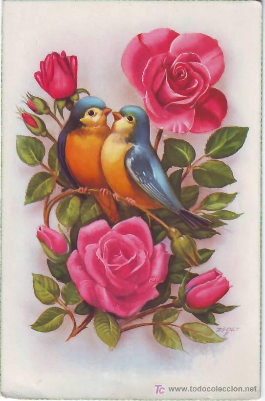 Postkarten: PTL Postal antigua con pajaros y rosas