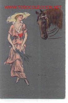 Postales: 7-cab3. Postal coloreada Mujer y Caballo - Foto 1