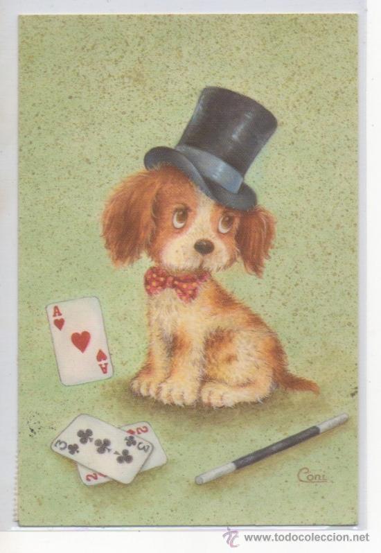 Cartes Postales: TARJETA POSTAL DE PERRO MAGO CON CARTAS NAIPES BARAJA DIBUJO ILUSTRADA