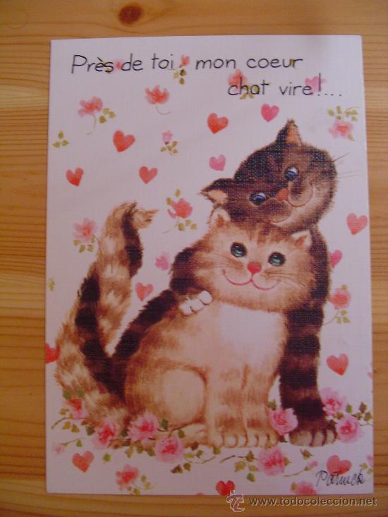 Postkarten: Postal francesa con dos gatos dibujados: PR&Egrave;S DE TOI MON COEUR CHAT VIRE!