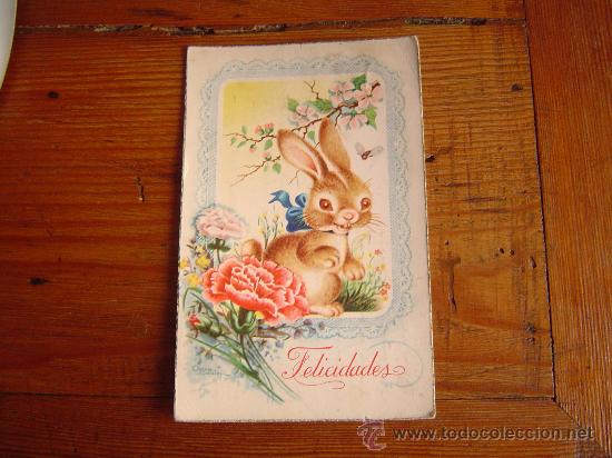 Postales: Bonita postal de felicitaci&oacute;n, dibujada con un conejito..