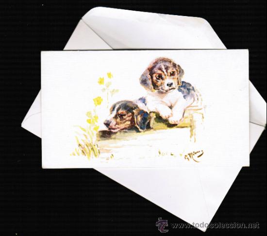 Cartes Postales: TARJETA FELICITACION - CACHORROS - POR MOLEVELD - A&Ntilde;O 1972 - ORIGINAL PINTADO CON LA BOCA