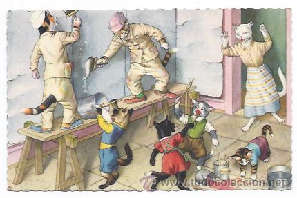 Postkarten: GATOS. FAMILIA DE GATOS. PINTANDO LA CASA. PINTURA. PINTOR.
