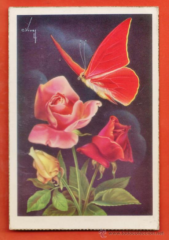 Cartes Postales: postal - mariposa y rosas - n&ordm; 512 - il. vives - ed. cyz - nueva - cantos dorados - a&ntilde;os 60 -