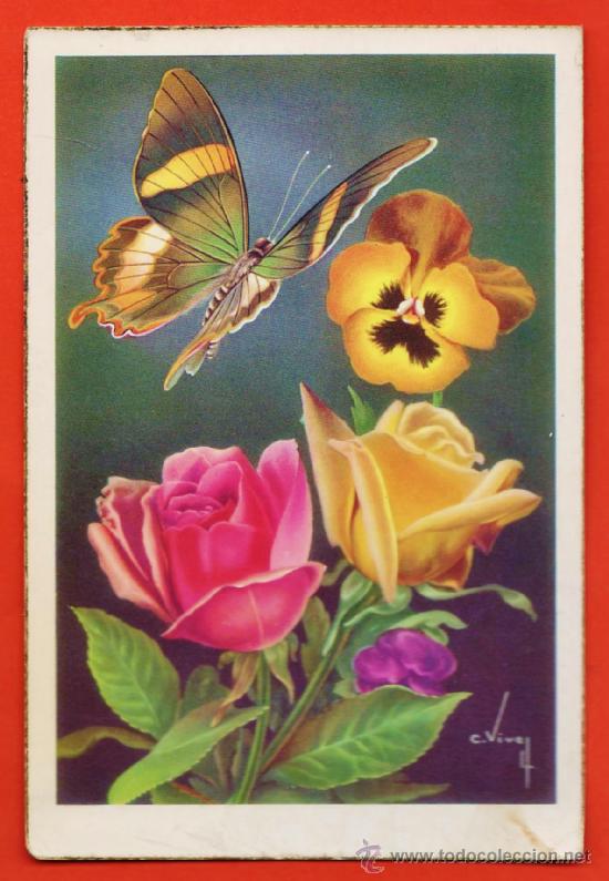 Cartes Postales: postal - mariposa y rosas - n&ordm; 512 - il. vives - ed. cyz - nueva - cantos dorados - a&ntilde;os 60 -