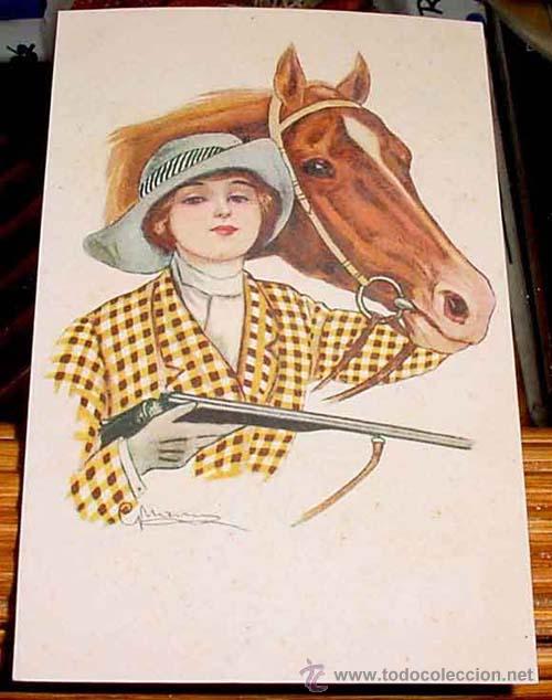 Postais: ANTIGUA POSTAL ANIMALES - MUJER POSANDO CON SU CABALLO ANTES DE IR A UNA MONTERIA - NO CIRCULADA - E