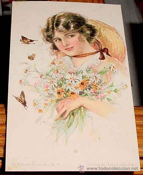 Postais: ANTIGUA POSTAL ANIMALES  - ILUSTRACION DE UNA SE&Ntilde;ORITA CON UN RAMO DE FLORES DEL CAMPO - VOLANDO TRE