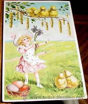 Cartes Postales: ANTIGUA POSTAL ANIMALES - UNA NI&Ntilde;A JUGANDO CON UNOS POLLITOS - POSTAL EN RELIEVE - NO CIRCULADA - ES