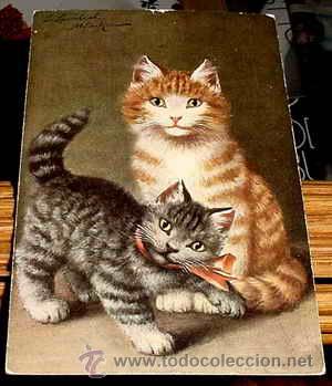 Cartes Postales: ANTIGUA POSTAL ANIMALES - DOS GATOS UNO DE ELLOS CON UN LAZO EN EL CUELLO - NO CIRCULADA.