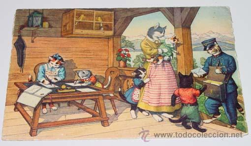 Cartes Postales: ANTIGUA POSTAL DE ANIMALES - GATOS RECIBEN EL CORREO - NO CIRCULADA - ESCRITA - ED. MK - N&ordm; 4744.