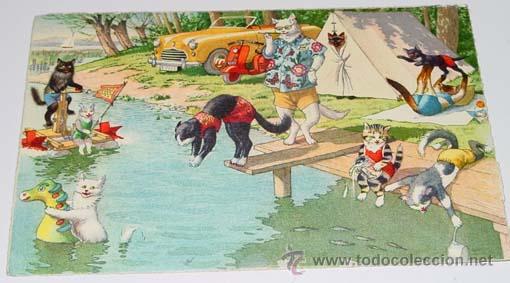Postcards: ANTIGUA POSTAL DE ANIMALES - GATOS JUGANDO CON EL AGUA - NO CIRCULADA - ESCRITA - ED. MK - N&ordm; 4747.