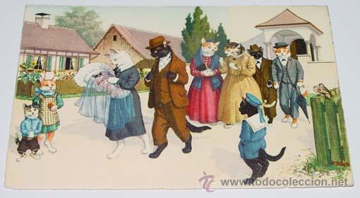 Cartes Postales: ANTIGUA POSTAL DE ANIMALES - GATOS SALIENDO DE LA IGLESIA - NO CIRCULADA - ESCRITA - ED. MKZ - N&ordm; 47