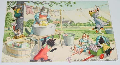 Postcards: ANTIGUA POSTAL DE ANIMALES - GATOS LAVANDO LA ROPA - NO CIRCULADA - ESCRITA - ED. MKZ - N&ordm; 4732.