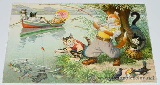 Postcards: ANTIGUA POSTAL DE ANIMALES - GATOS PESCANDO - NO CIRCULADA - ESCRITA - ED. MKZ - N&ordm; 4730.