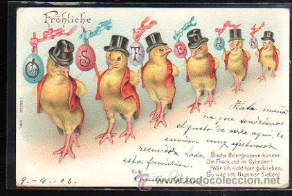 Cartes Postales: TARJETA POSTAL DE POLLITOS CON SOMBRERO DE COPA.