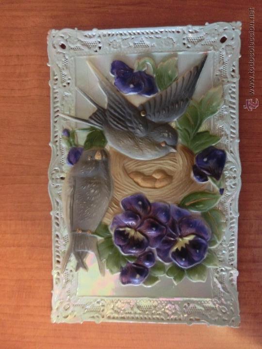 Postais: POSTAL ANTIGUA CON RELIEVE DE PAJAROS EN NIDO. ESCRITA POR DETR&Aacute;S.