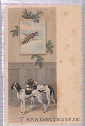 Postkarten: TARJETA POSTAL DE DOS PERRITOS BAJO UN CUADRO DE UN ZORRO EN LA NIEVE.