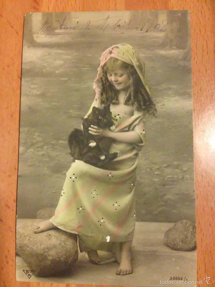 Postkarten: Antigua postal ni&ntilde;a con gato con sello de Alfonso xlll