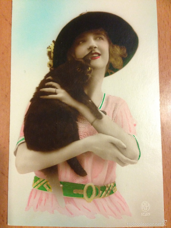Postkarten: Antigua postal mujer con gato