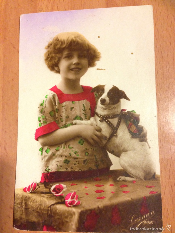Cartes Postales: Antigua postal ni&ntilde;a con perro