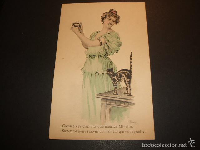 Postales: MUJER CON GATO Y NIDO POSTAL 1906 - Foto 1