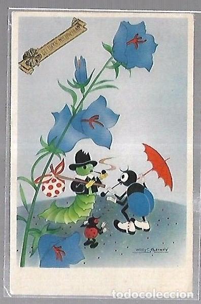 Postais: TARJETA POSTAL DE ANIMALES. ORUGA FUMANDO PIPA Y ESCARABAJO CON PARAGUAS. EDITOR WILLY SCHERMELE.