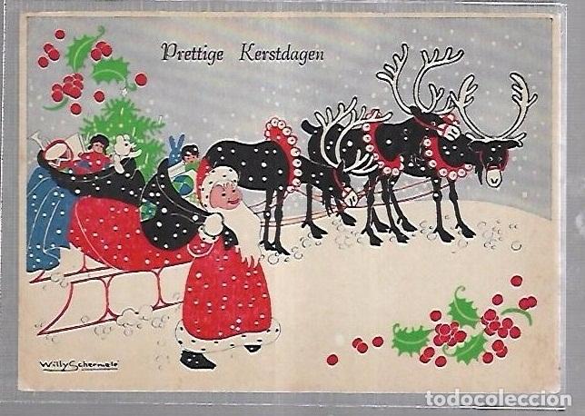 Postais: TARJETA POSTAL DE ANIMALES. MAMA NOEL EN TRINEO CON RENOS. EDITOR WILLY SCHERMELE.