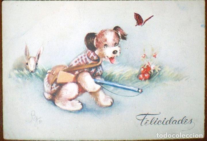 Postkarten: Postal J/B 310 PERRO CAZA CONEJO FELICIDADES A&Ntilde;OS 40-50 nuevo