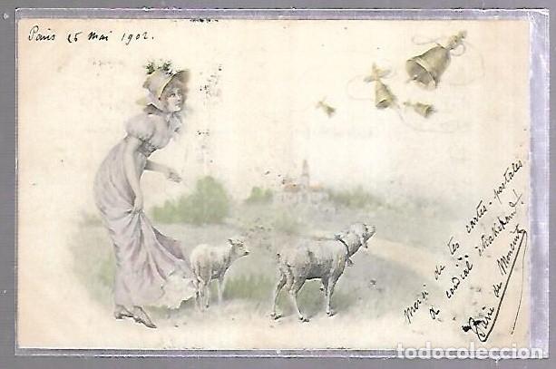 Postais: TARJETA POSTAL. ANIMALES. SE&Ntilde;ORA CON TRAJE DE EPOCA Y PASEANDO A DOS OVEJAS.
