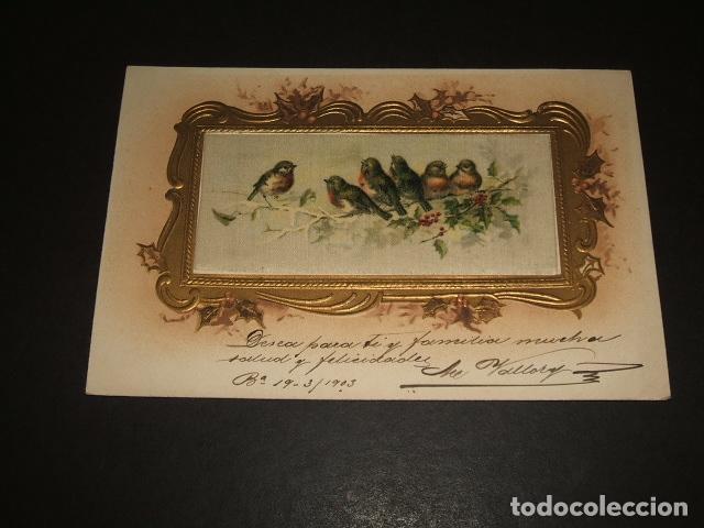 Postales: PAJAROS EN SEDA POSTAL HACIA 1907 - Foto 1