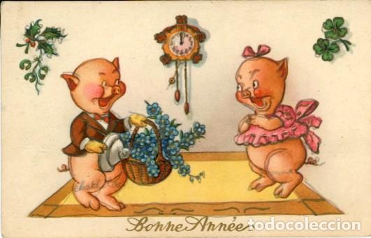 Cartes Postales: Cerdos en Noche Vieja. Bonne Ann&eacute;es. Sello de Belgica