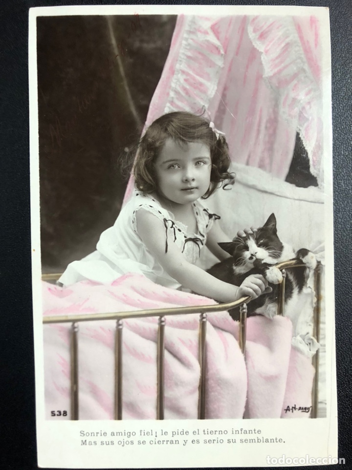 Cartes Postales: Tarjeta postal ni&ntilde;a con gato