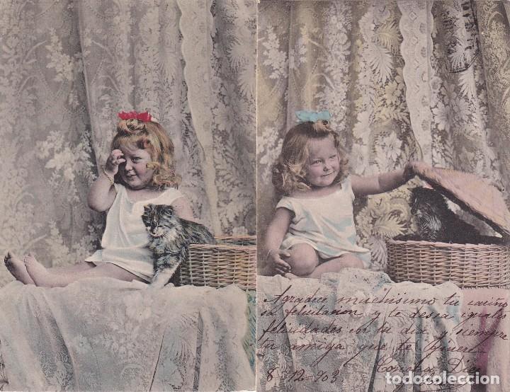Postales: 2 postales de ni&ntilde;a con gato. Reverso sin dividir. Circulada.