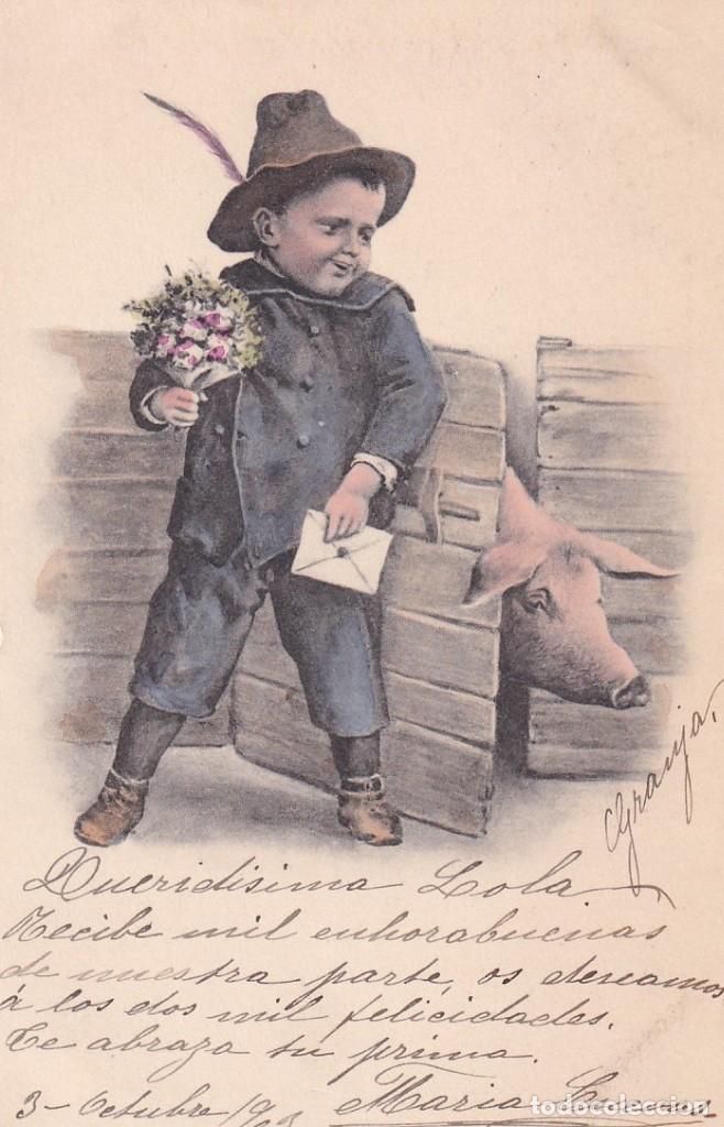 Postales: Postal ilustrada ni&ntilde;o con cerdo. Reverso sin dividir. Sin circular BKW I