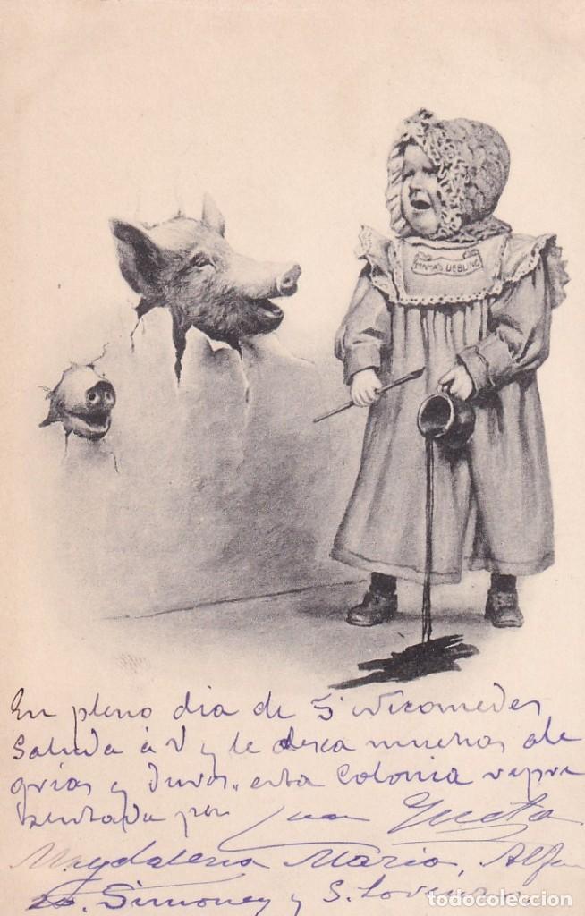 Postales: Postal ilustrada ni&ntilde;a con cerdo. Reverso sin dividir. circulada BKW I