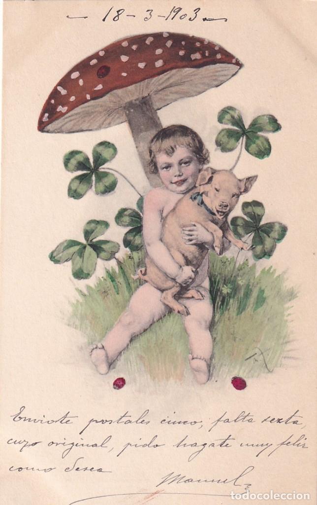 Postales: Postal ilustrada ni&ntilde;a con cerdo, setra y trebol. Reverso sin dividir. Serie 205 n&ordm; 8