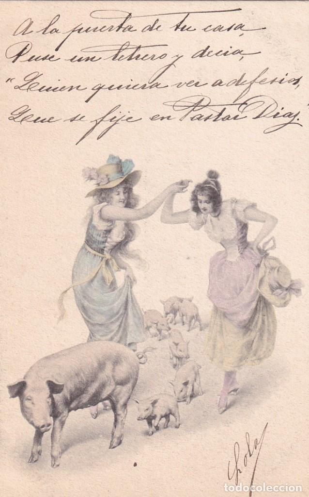 Postales: Postal ilustrada se&ntilde;oras con cerdos. Reverso sin dividir. M M Vienne