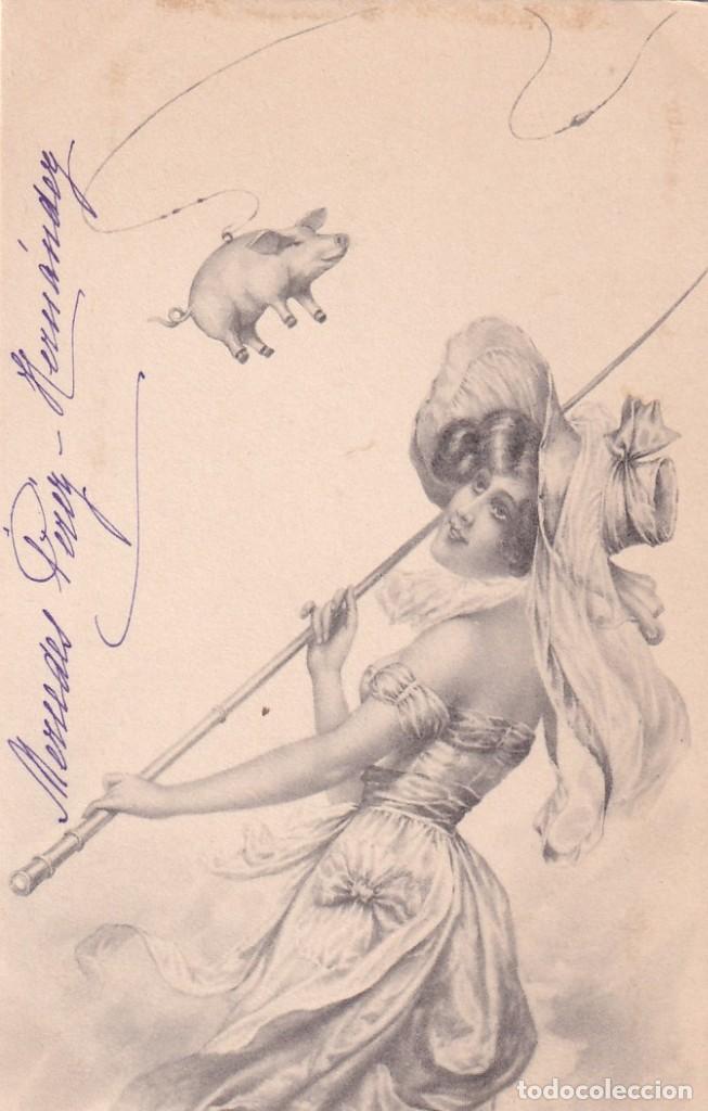 Postales: Postal ilustrada se&ntilde;ora con cerdo. Reverso sin dividir. M M Vienne