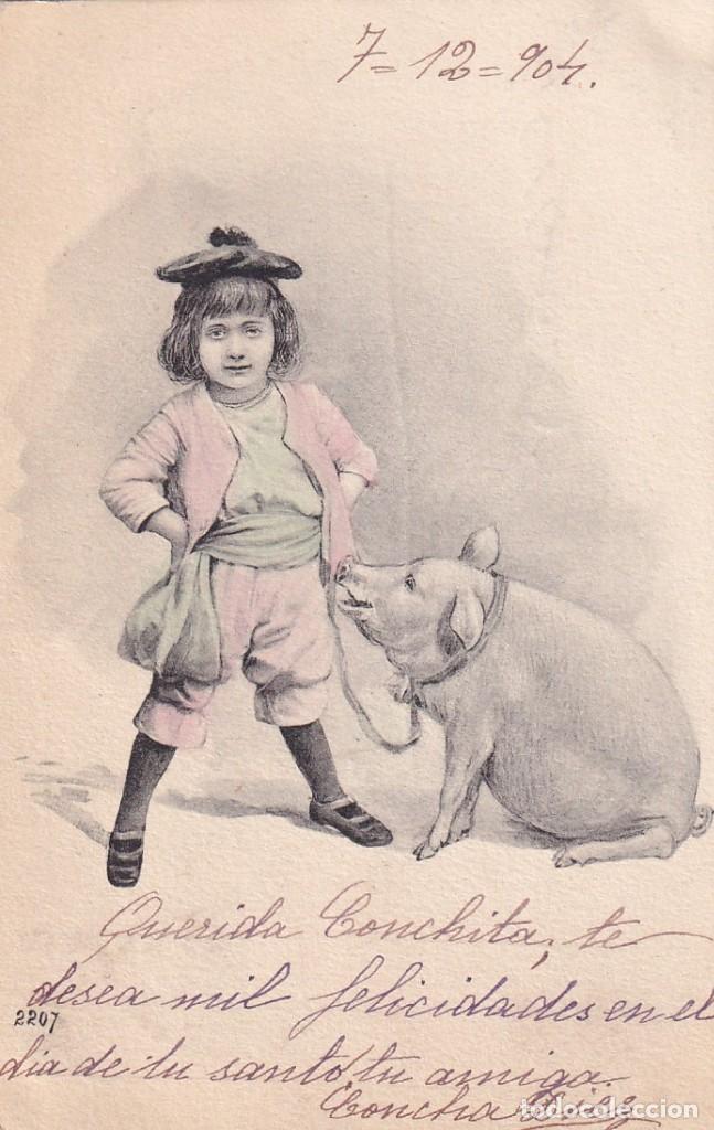 Postales: Postal ilustrada ni&ntilde;o con cerdo. Reverso sin dividir. Circulada Depose.