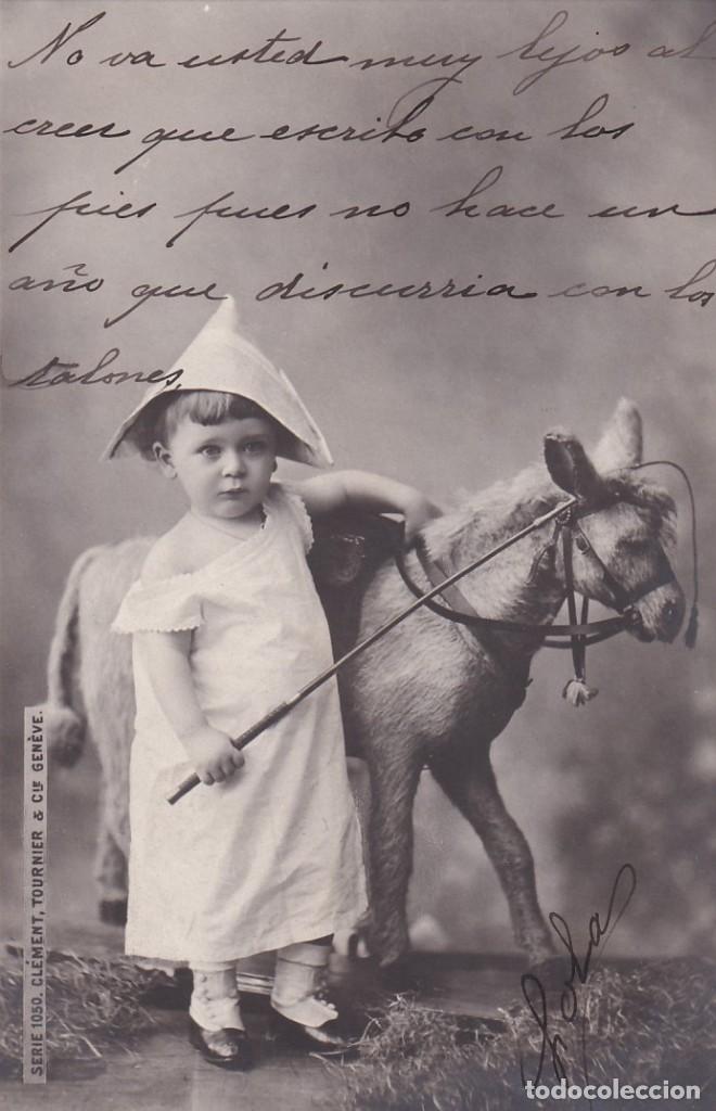 Postcards: Postal de ni&ntilde;a con burro. Reverso sin dividir. Escrita. Sin circular. Serie 1050 Clement Tournier