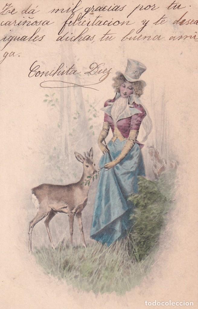 Postcards: Bonita postal mujer galante con ciervo. M. M. Vienne. Reverso sin dividir. Sin circular.