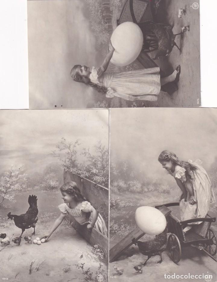 Postales: 3 Postales ni&ntilde;a con gallina y huevo. Escrita sin circular.