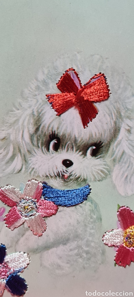 Postales: Preciosa postal bordada. Perro.