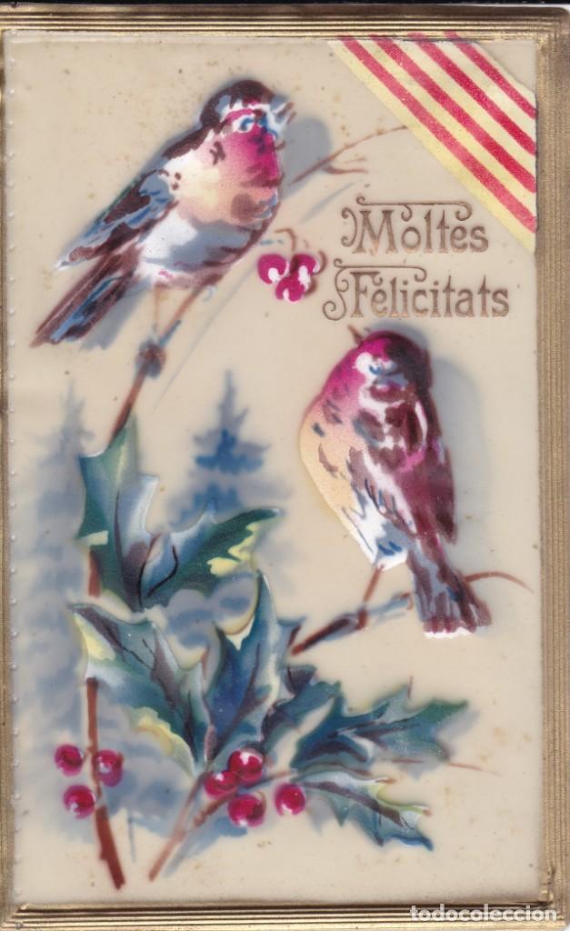 Cartes Postales: felicitaci&oacute;n con dos p&aacute;jaros pintada con moltes felicitats