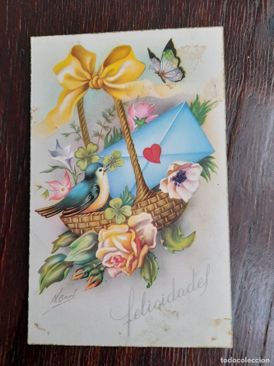 Postais: P&aacute;jaro en una cesta con flores a&ntilde;o 1957